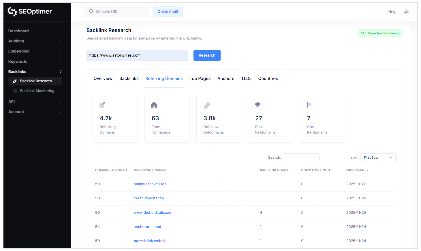 Nombre de domaines référents dans SEOptimer